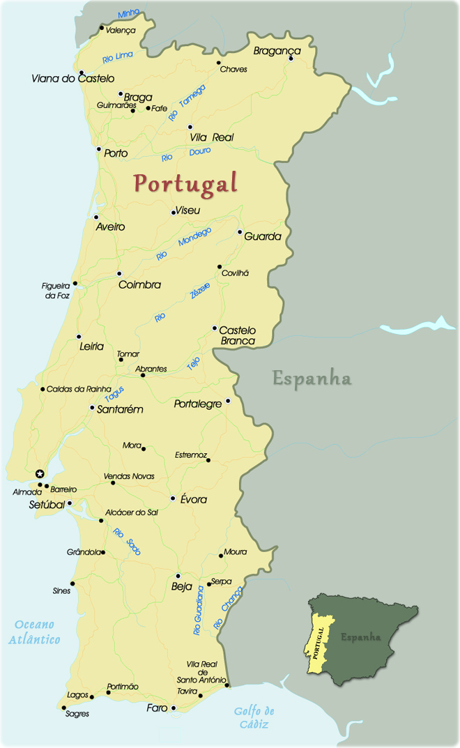 Mapa Geográfico Do País Europeu Portugal Com Cidades Importantes