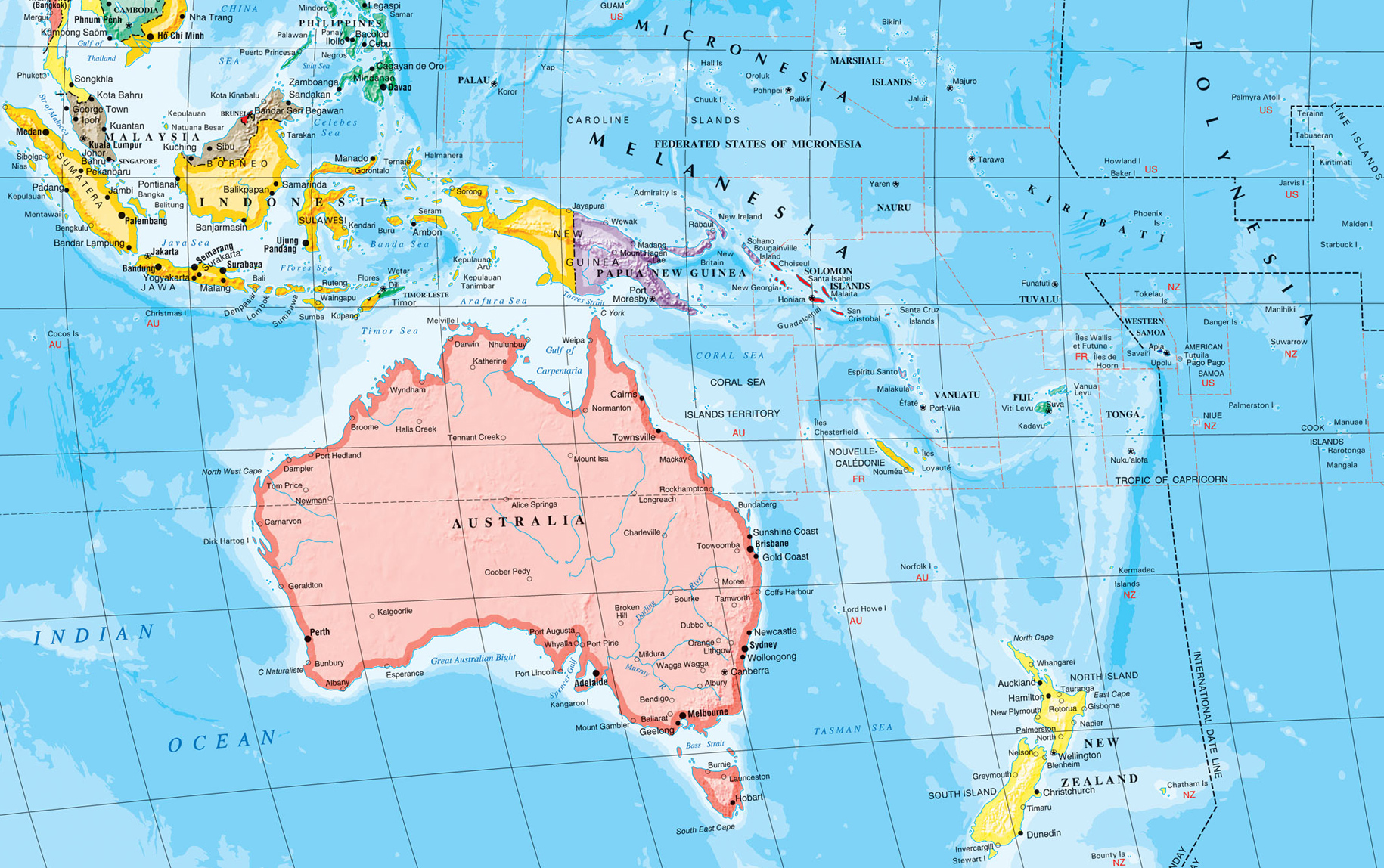 Mapa da Oceania - Austrália e Nova Zelândia
